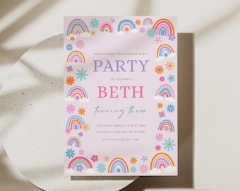 Editable Rainbow Birthday Invitation Template (Digital Download)