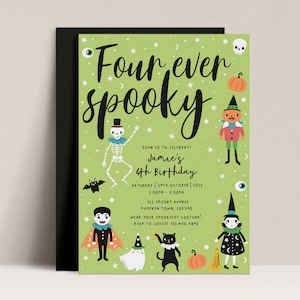 Four Ever Spooky Kids Halloween Invite, Editable Birthday Invitation, Halloween Invite, Kids Halloween party, Green Halloween, Spooky, D65