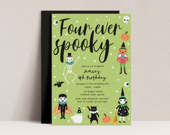 Four Ever Spooky Kids Halloween Invite, Editable Birthday Invitation, Halloween Invite, Kids Halloween party, Green Halloween, Spooky, D65
