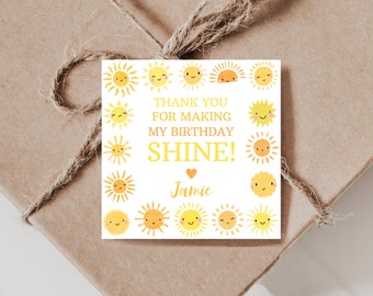 Sunshine-labels voor verjaardagsbedankjes, bewerkbare feestlabels (digitale download)