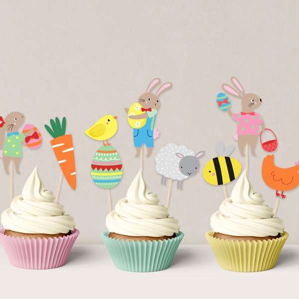 Easter Cupcake Toppers DIY Bunny Cupcake Toppers Easter Cake Toppers Cake Decorations Easter Chick Sheep Egg Bee Easter Party Decor, D51