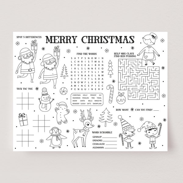 Christmas Activity Placemat, Christmas Colouring Page, Christmas Activity Printable, Kids Christmas Party Table Activity, Printable, D70