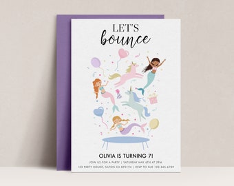 May include: A birthday party invitation with a colorful illustration of mermaids, unicorns, and balloons. The text reads "Let's bounce" and "Olivia is turning 7!" with details about the party date, time, location, and RSVP information.