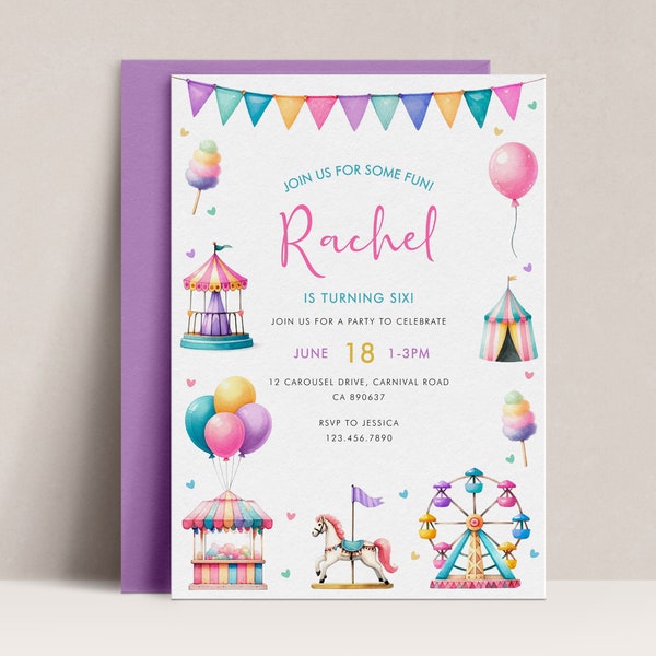 Faire-part d'anniversaire forain, faire-part de carnaval, invitation fête de filles, modèle d'invitation de parc d'attractions, faire-part d'anniversaire rose, A23