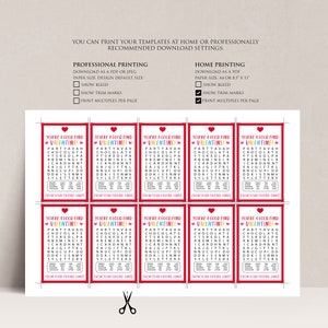 Op de afbeelding: Zes printbare Valentijnsdag-woordzoekkaarten met een rode rand en de tekst "You're a good find Valentine!" bovenaan. De woordzoekpuzzels zijn gevuld met kleurrijke letters en de woorden "Party, Ava, Chocolate, Fits, Red, Down, Card, Mint, Eat, A, Jug, Gift, Do, Kiss, My, Love, You, Letter".