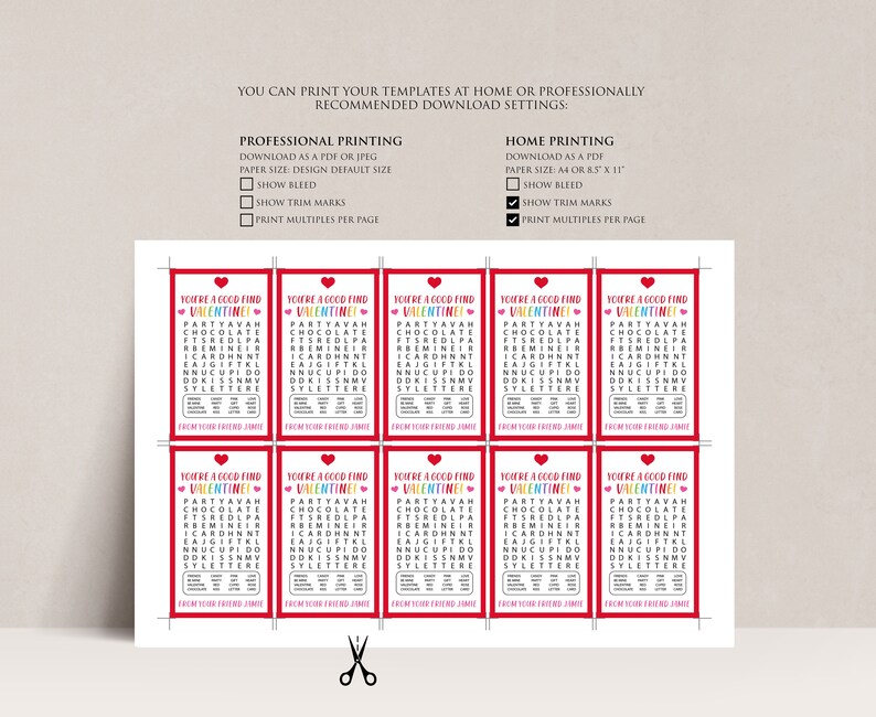 Op de afbeelding: Zes printbare Valentijnsdag-woordzoekkaarten met een rode rand en de tekst "You're a good find Valentine!" bovenaan. De woordzoekpuzzels zijn gevuld met kleurrijke letters en de woorden "Party, Ava, Chocolate, Fits, Red, Down, Card, Mint, Eat, A, Jug, Gift, Do, Kiss, My, Love, You, Letter".