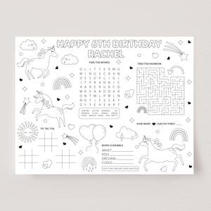 Unicorn Activity Placemat Unicorn Coloring Page Printable Unicorn Party Game Kids Unicorn Party Table Activity Editable Party Template, D15