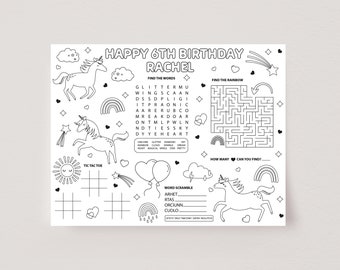 Unicorn Activity Placemat Unicorn Coloring Page Printable Unicorn Party Game Kids Unicorn Party Table Activity Editable Party Template, D15