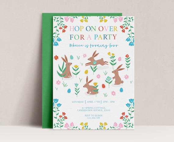 Bunny Birthday Invitation, Editable Easter Party Invite