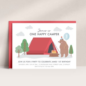 Happy Camper Birthday Invitation, One Happy Camper Birthday Invitation, Camping Birthday Party, 1st Birthday Invite, Invitation Template D05