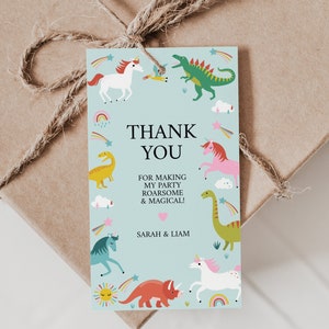 Editable Dinosaur and Unicorn favor tags, Dinosaur and Unicorn thank you tags, Custom Unicorn favor tags, Dinosaur thank you tags, D28