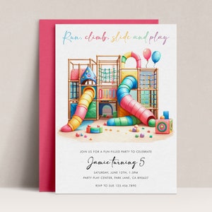 Invitation aire de jeux intérieure, jungle gym, invitation douce, fête de jeu, modèle d&#39;invitation d&#39;anniversaire rebond modifiable, salle de sport, A10