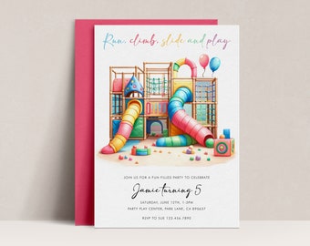 May include: Invitation to a birthday party for a child turning five. The invitation features a colorful illustration of a playground with slides, a climbing structure, and a jungle gym. The text on the invitation reads "Run, climb, slide and play" and "Jamie turning 5".
