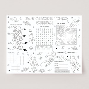 May include: A black and white printable activity sheet for a 6th birthday party with a space theme. The sheet includes a word search, a maze, a tic-tac-toe game, a word scramble, and a matching game. The sheet features illustrations of astronauts, rockets, planets, and stars.