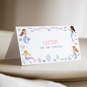 Zeemeermin tent kaart, bewerkbare zeemeermin tent kaart, afdrukbare zeemeermin voedsel kaart, zeemeermin naam kaart, zeemeermin voedsel label, zeemeermin Party decor, D12