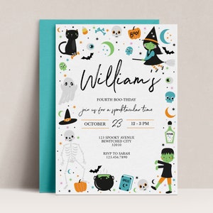 May include: A white Halloween party invitation with a colorful design featuring a witch, a ghost, a skeleton, a pumpkin, a cauldron, and a monster. The text on the invitation reads "William's Fourth Boo-Thday Join us for a spooktacular time October 23 12-3 PM 123 Spooky Avenue Bewitched City 32010 RSVP to Sarah 123.456.7890"