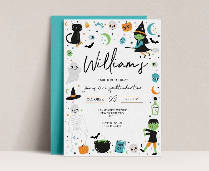 May include: A white Halloween party invitation with a colorful design featuring a witch, a ghost, a skeleton, a pumpkin, a cauldron, and a monster. The text on the invitation reads "William's Fourth Boo-Thday Join us for a spooktacular time October 23 12-3 PM 123 Spooky Avenue Bewitched City 32010 RSVP to Sarah 123.456.7890"