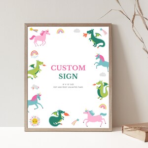 Signe d’anniversaire de licorne et de dragon, signe de fête de licorne et de dragon, fête de licorne et de dragon, fête d’anniversaire commune, fête unisexe pour enfants D40