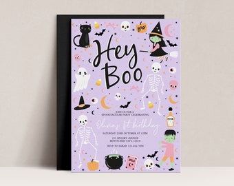 May include: Purple invitation with a black border. The invitation says "Hey Boo!" and has a variety of Halloween themed illustrations including a witch, a ghost, a skeleton, a black cat, a cauldron, and a pumpkin. The text on the invitation says "Join us for a Spooktacular Party Celebrating Olivia's 1st Birthday. Saturday 23rd October at 12pm. 123 Spooky Avenue, Bewitched City, 32010. RSVP to Sarah 123.456.7890."