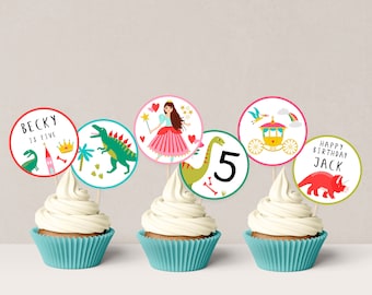 Princess and Dinosaur Cupcake Toppers Princess and Dinosaur Party Decor Cake Toppers Editable Cupcake Toppers Custom Printable Toppers D49