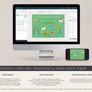 May include: Editable invitation template for a child's birthday party. The invitation features a green background with a rainbow, a cloud, and a number 5. The text "Calling all party animals!" is at the top of the invitation. The text "Jamie's 5th birthday!" is in the center of the invitation.