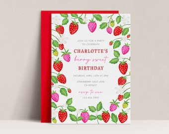 Faire-part d'anniversaire aux fraises, fête sucrée aux baies (modifiable)