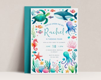Under the Sea Birthday Invitation, Ocean Animals, Editable Template (Digital Download)
