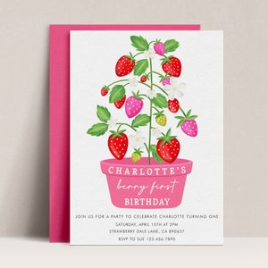Berry First Birthday Invitation, Strawberry Invitation, Strawberry Invite, Strawberry Invitation Editable, Berry Sweet Party Invitation, D42