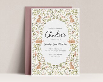 Editable Bunny Birthday Invitation, Floral Rabbit, Spring Party (5x7in)