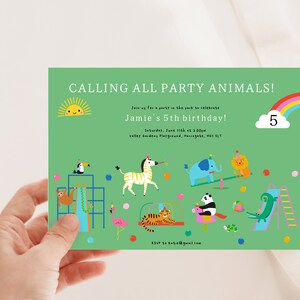 May include: Green invitation card with a rainbow, a sun, and a cloud with the number 5. The text reads "Calling all party animals!" and "Jamie's 5th birthday!" with details about the party. The card is decorated with colorful illustrations of animals playing on a jungle gym.