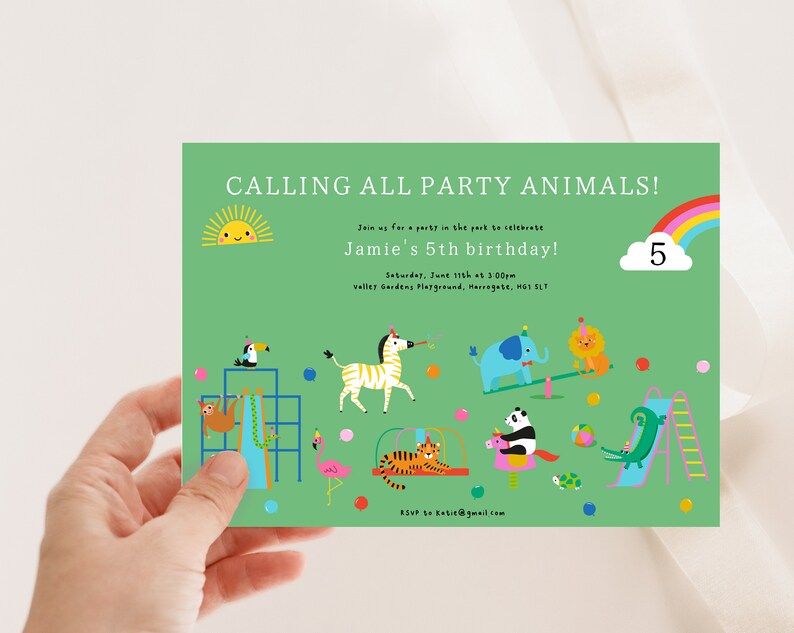 May include: Green invitation card with a rainbow, a sun, and a cloud with the number 5. The text reads "Calling all party animals!" and "Jamie's 5th birthday!" with details about the party. The card is decorated with colorful illustrations of animals playing on a jungle gym.