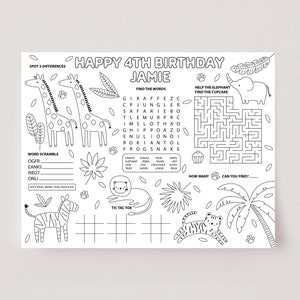 Jungle Activity Placemat, Jungle Coloring Page, Printable Jungle Party Game, Kids Jungle Party Table Activity, Editable Party Template, D90