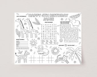 Jungle Activity Placemat, Jungle Coloring Page, Printable Jungle Party Game, Kids Jungle Party Table Activity, Editable Party Template, D90