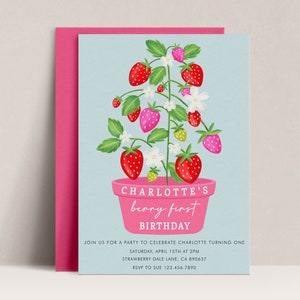 Berry First Birthday Invitation, Strawberry Invitation, Strawberry Invite, Strawberry Invitation Editable, Berry Sweet Party Invitation, D42