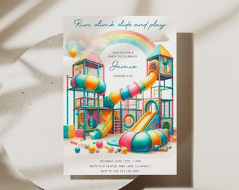 May include: A colorful invitation for a child's birthday party. The invitation features a cartoon illustration of a playground with a slide, a climbing structure, and a rainbow. The text on the invitation reads "Run, climb, slide and play" and "Join us for a party to celebrate Jamie turning five".