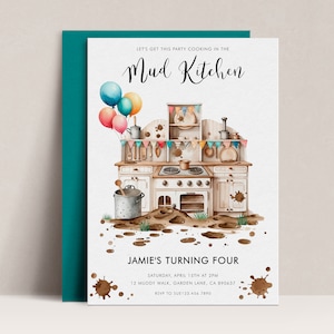 May include: A colorful invitation for a child's birthday party with a watercolor illustration of a toy kitchen covered in mud. The text reads "Let's get this party cooking in the Mud Kitchen" and "Jamie's Turning Four".