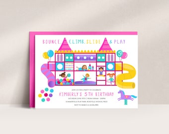 Puede incluir: Una invitación colorida para una fiesta de cumpleaños de 5 años. La invitación presenta una ilustración de dibujos animados de un patio de recreo con un tobogán, una pared de escalada y una piscina de bolas. El texto de la invitación dice "Bounce, Climb, Slide & Play" y "Kimberly's 5th Birthday".