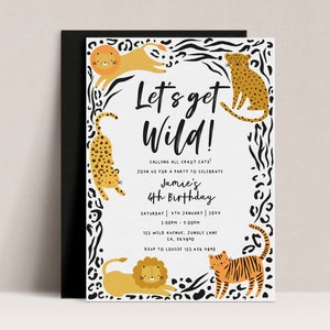 ワイルドになろう誕生日招待状、ワイルドキャット招待状、サファリ招待状、ジャングル動物パーティー招待状、招待状テンプレート、D78