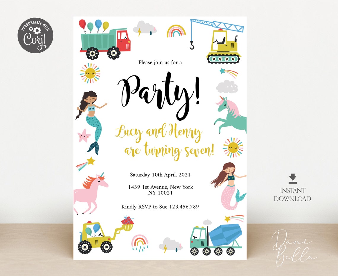 Joint Birthday Invite Kids Party Invite Unicorn Invite | Etsy