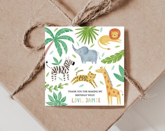 Jungle Animals Birthday Party Favor Tags, Printable, Editable (3x3 in)