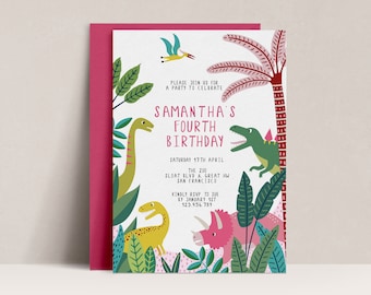 Girls Dinosaur Birthday Invitation, Jungle Theme (Editable)