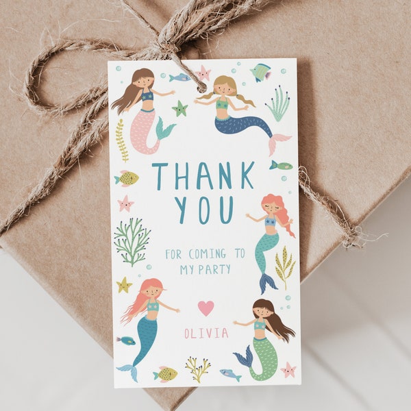 Editable Mermaid favor tags, Mermaid thank you tags, Custom Mermaid favor tags, Editable Mermaid thank you tags, Mermaid favors, D12