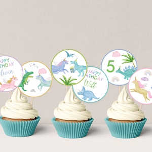 Unicorn and Dinosaur Cupcake Toppers, Unicorn and Dinosaur Party Decor, Cake Toppers, Editable Cupcake Toppers, Custom Printable Toppers D20