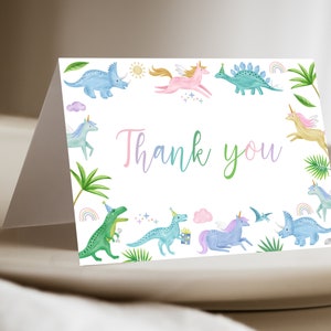 Unicorn and Dinosaur Thank You Card, Party Thank You, Blank Thank You Card, Unicorn and Dinosaur Party Decor, Kids Party Thank You Card, D20