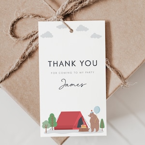 Étiquettes de faveur d'anniversaire de joyeux campeur, étiquettes de cadeau de fête de camping, étiquettes de remerciement, étiquettes de cadeaux modifiables, modèle modifiable, téléchargement immédiat, D05