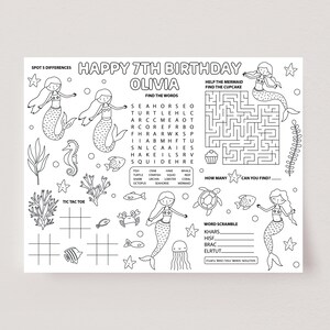 Placemat de actividad de sirena, página para colorear de sirena, actividad de fiesta de sirena imprimible, actividad de mesa de fiesta para niños, plantilla de fiesta editable, D12