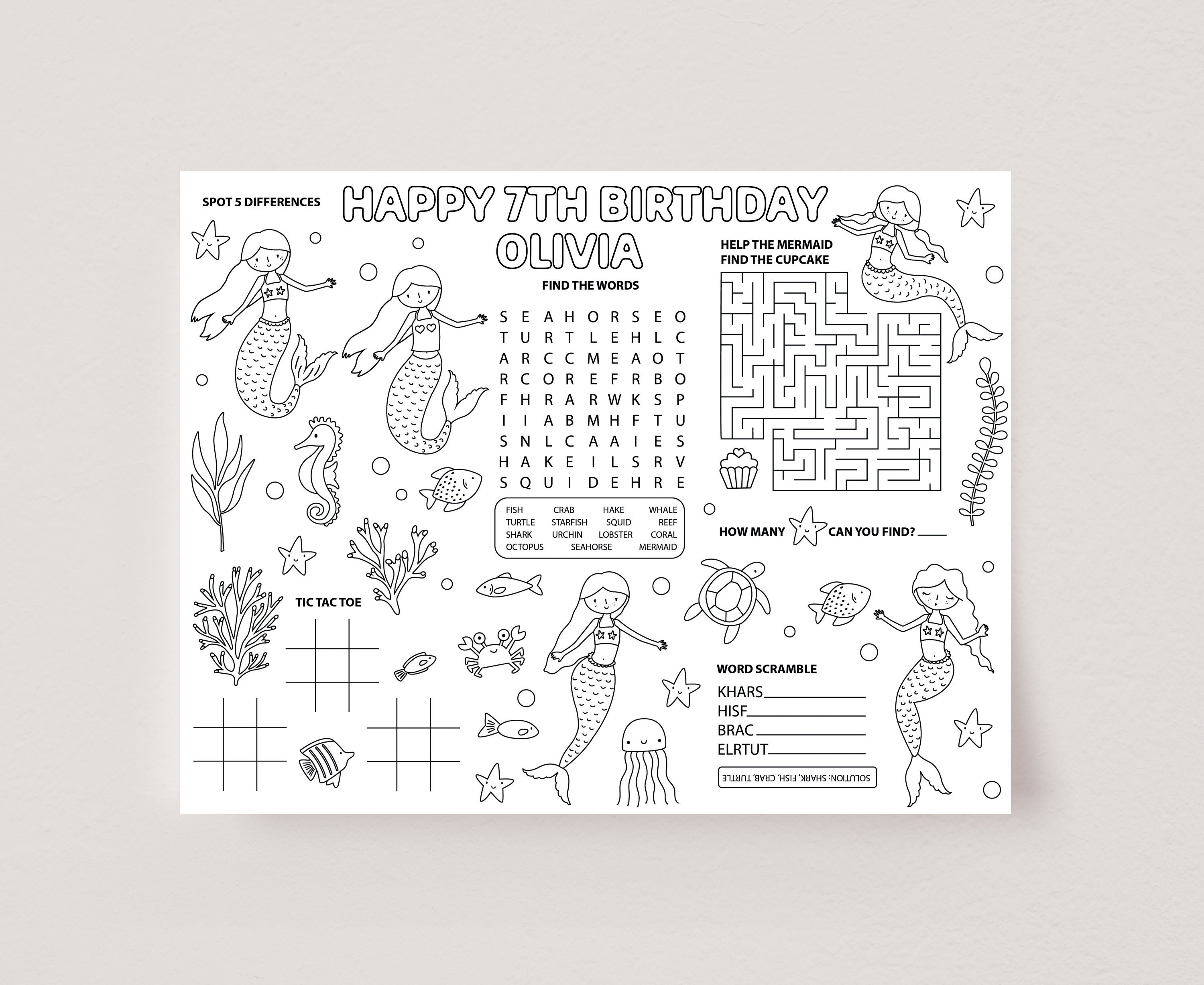 Mermaid Activity Placemat, Mermaid Coloring Page, Printable Mermaid Party Activity, Kids Party Table Activity, Editable Party Template, D12