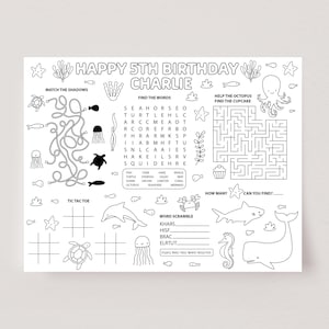Under The Sea Party Activity Placemat, Sea Animals Coloring Page, Printable Party Game, Kids Table Activity, Editable Party Template, D89