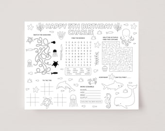 Under The Sea Party Activity Placemat, Sea Animals Coloring Page, Printable Party Game, Kids Table Activity, Editable Party Template, D89