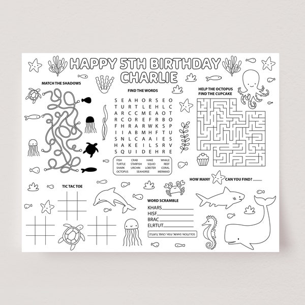 Under The Sea Party Activity Placemat, Sea Animals Coloring Page, Printable Party Game, Kids Table Activity, Editable Party Template, D89